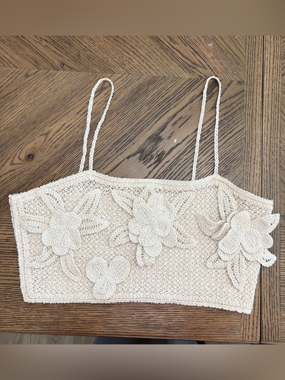 Sz XL Boho Cream Floral 3D Appliqué Crop Crocheted Floral Cami Top